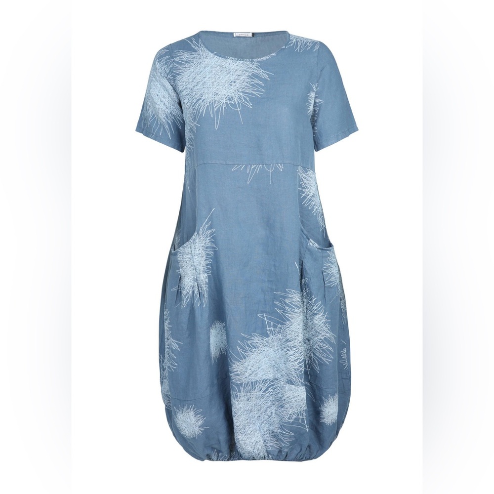 Made in Italy 100% Linen Dress with Short Sleeve, Pockets and Elasticized Hem